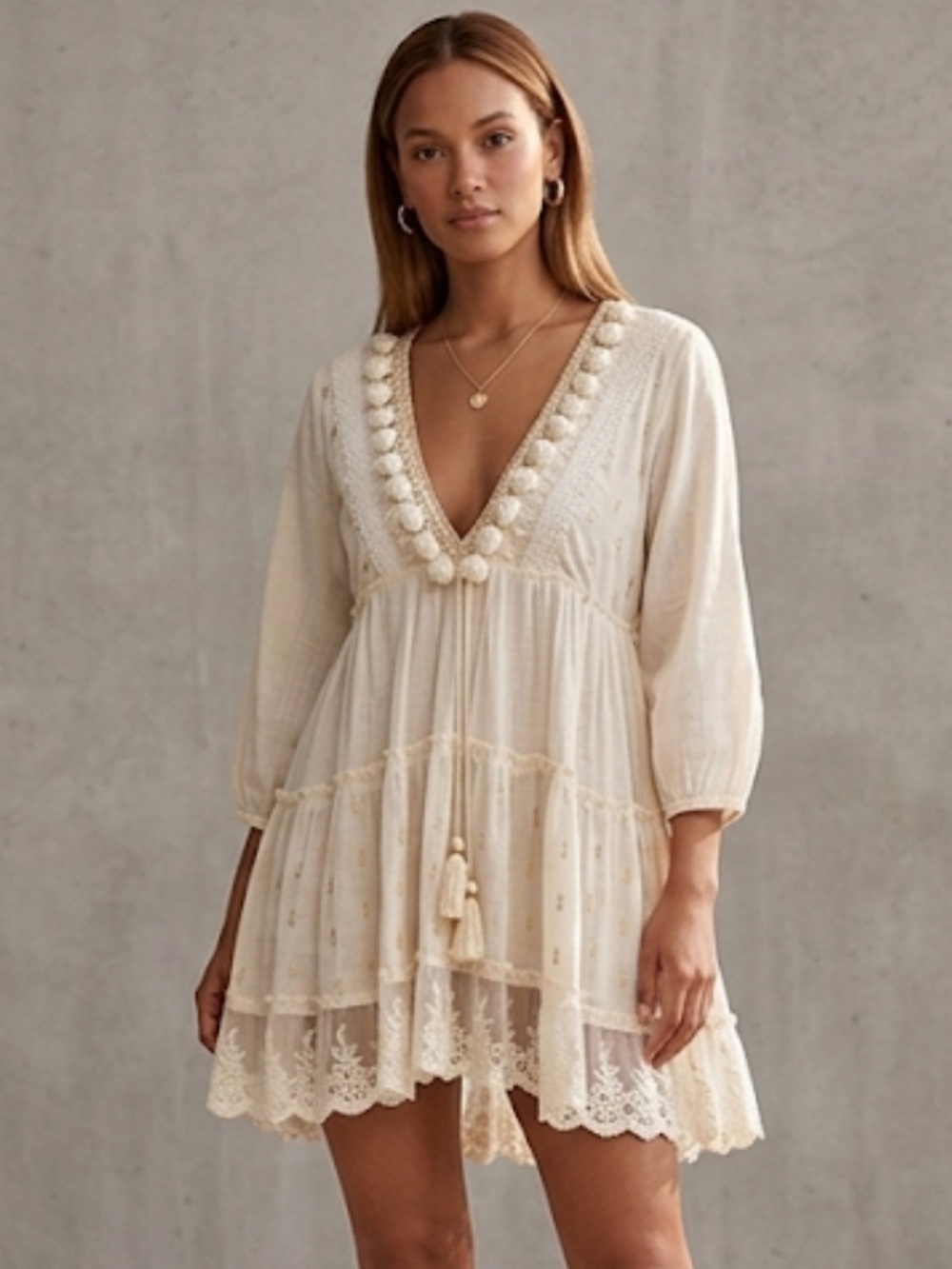 Boho Cream Lace Trim Mini Dress